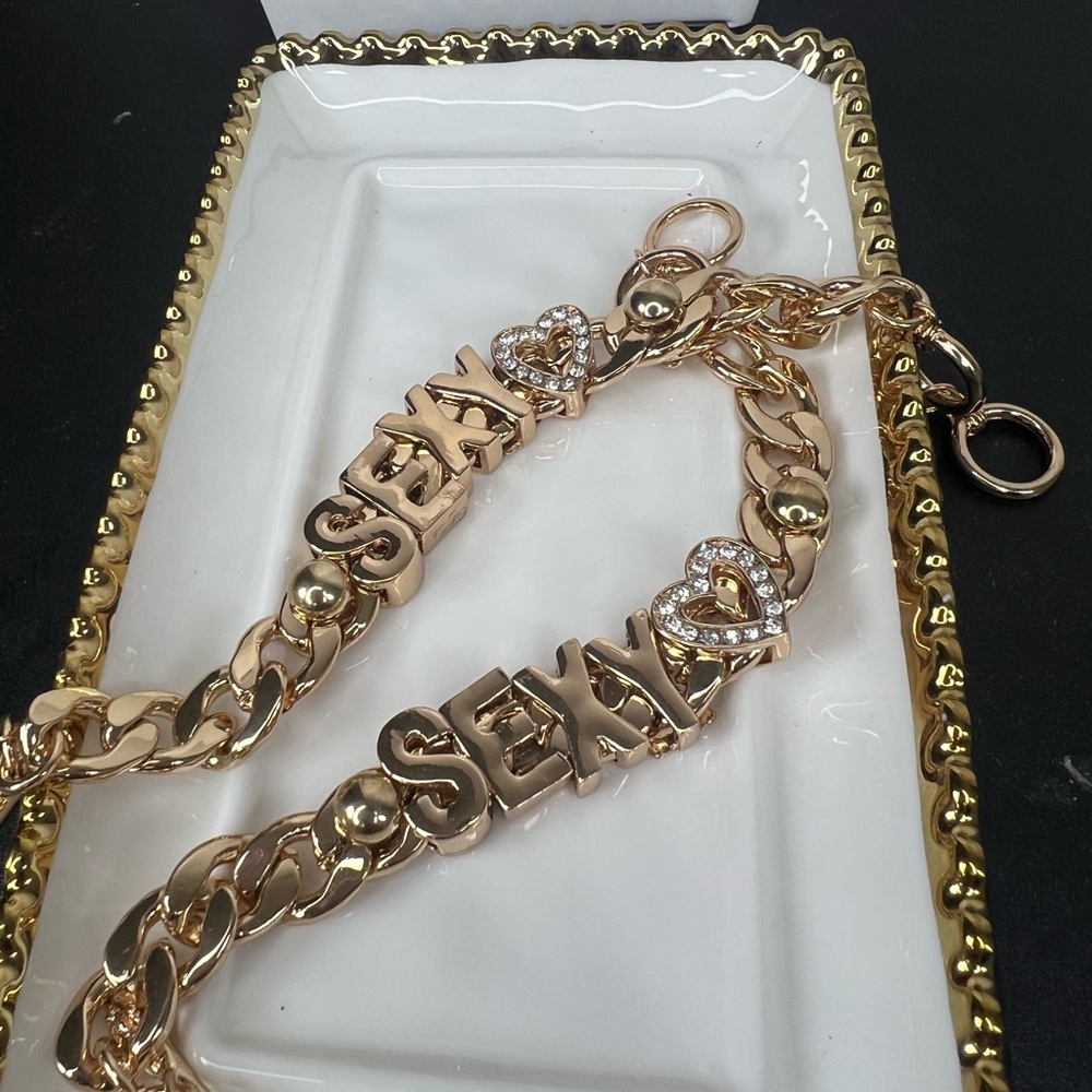 Gold-tone 'SEXY' Letter Chain Bracelet with Crystal Hearts